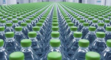 Endless Rows of Clear Plastic Water Bottles with Green Caps in a Bottling Plant photo