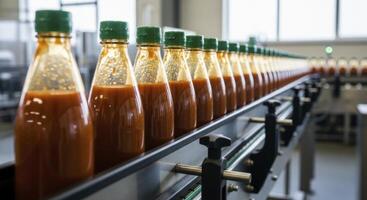 Automated production line with bottles of sauce on a conveyor belt in a food factory photo