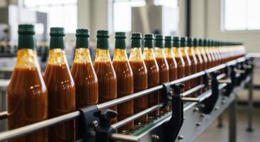 Automated production line with glass bottles of sauce moving on a conveyor belt in a factory photo