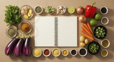 Fresh cooking ingredients and an open blank recipe notebook arranged for meal preparation photo