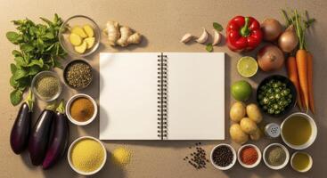 Fresh Cooking Ingredients and Blank Recipe Notebook on Kitchen Counter for Culinary Preparation photo