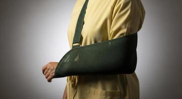 Adult wearing an arm sling for injury support and recovery after an accident photo
