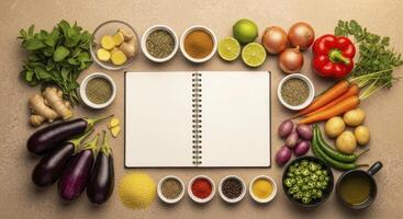 Blank Recipe Notebook Surrounded by Fresh Vegetables, Herbs, and Spices for Healthy Meal Preparation photo