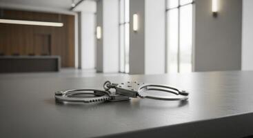Metal Handcuffs on a Table in a Modern Courtroom or Legal Office Setting photo