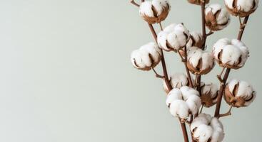 Close up of natural cotton branches with soft white bolls, symbolizing purity and comfort photo
