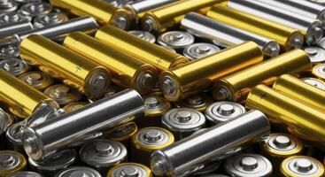 Close up view of a large pile of gold and silver AA and button cell batteries photo