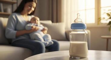 Baby Bottle with Milk on Table and Mother Holding Infant in Blurred Background photo