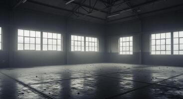 Empty industrial warehouse interior with large windows and reflective concrete floor photo