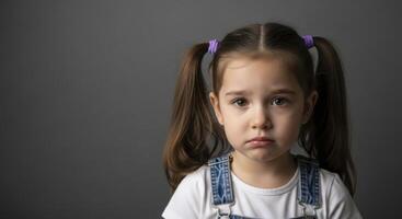 Sad little girl with pigtails and denim overalls expressing unhappiness and disappointment. photo