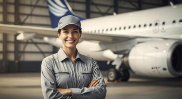Aviation professional woman in uniform smiling confidently in an airplane hangar photo