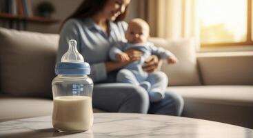 Baby bottle with milk on table and mother holding infant in soft focus background photo
