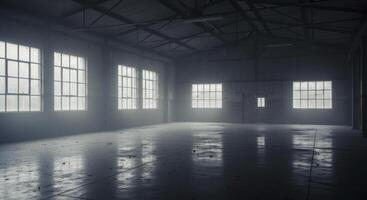 Empty dark industrial warehouse interior with large windows and dusty concrete floor photo