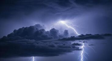 Powerful Lightning Bolts Illuminating Dark Storm Clouds During a Severe Thunderstorm photo