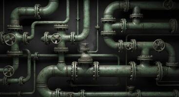 Complex network of aged industrial pipes with valves and flanges on a dark background photo
