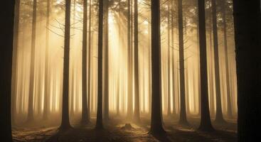 Golden sunbeams illuminating a misty forest with tall tree trunks at sunrise photo