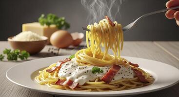 Steaming hot spaghetti carbonara with crispy bacon and creamy sauce served on a white plate. photo