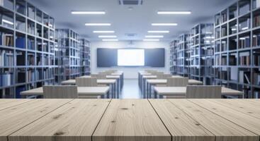 Empty Wooden Table Surface with Blurred Modern Classroom and Library Background photo