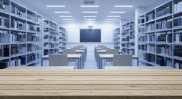 Empty Wooden Table with Blurred Library or Classroom Background for Product Display photo