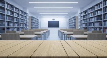 Empty wooden table in foreground with blurred modern library or classroom background photo