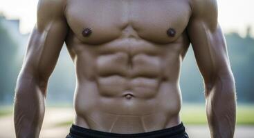 Muscular Male Torso with Defined Abs and Chest Showcasing Athletic Physique photo