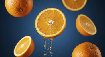 Fresh Oranges and Slices Floating with Juice Dripping for Healthy Refreshment photo