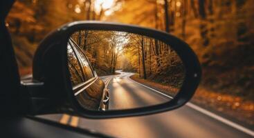 Autumn Road Reflected in Car Side Mirror with Golden Sunlight Through Forest Trees photo