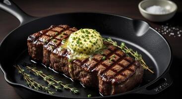 Perfectly Grilled Steak with Melting Herb Butter and Fresh Chives in a Cast Iron Skillet photo