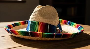 Traditional Mexican Sombrero with Colorful Serape Band on a Wooden Table photo