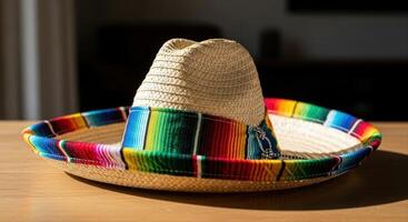 Classic Straw Sombrero with Colorful Serape Fabric Band on a Wooden Table photo