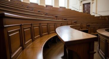 Classic empty lecture hall with tiered wooden seating and elegant architectural details photo