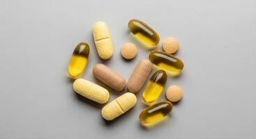 Assortment of vitamin pills and capsules scattered on a grey background for health and wellness photo
