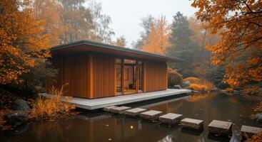 Modern Wooden Pavilion by Tranquil Pond with Stepping Stones and Autumn Foliage photo