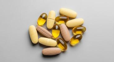 Assortment of vitamin pills and gel capsules for daily health and wellness support photo
