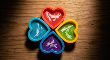 Vibrant heart shaped silicone molds with melted chocolate on a rustic wooden surface. photo