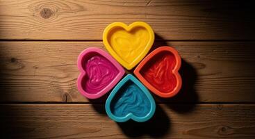 Colorful Heart Shaped Silicone Molds Filled with Melted Chocolate on a Wooden Table photo