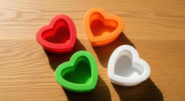 Colorful Heart Shaped Silicone Molds for Baking and Confectionery on Wooden Table photo