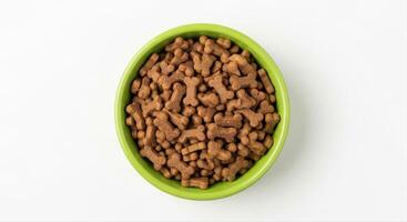 Vibrant green bowl filled with bone shaped dry dog food and kibble on white surface photo