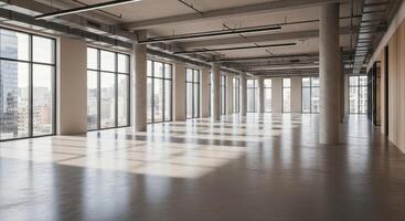 Modern empty open plan office space with large windows and city view photo