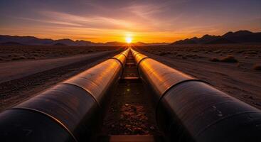 Massive industrial pipelines stretching across a desert landscape at dramatic sunset photo
