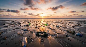 Sunset over a polluted beach covered in plastic bottles and discarded waste, highlighting environmental crisis. photo