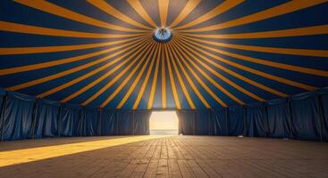 Empty grand circus tent interior with blue and yellow stripes and wooden floor photo