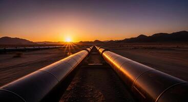 Massive Industrial Pipelines Stretching Across Arid Desert Landscape at Sunset photo