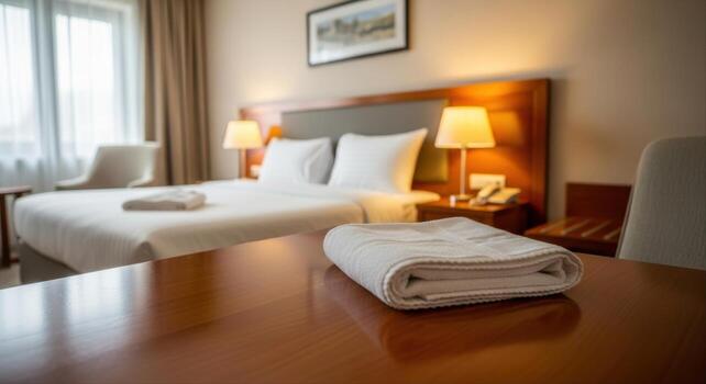 Clean and comfortable hotel room with a neatly made bed and inviting atmosphere photo