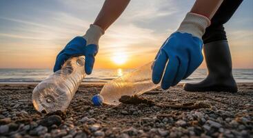 Volunteer hands in blue gloves picking up plastic bottles from a polluted beach at sunset photo