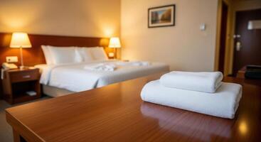 Comfortable and clean hotel room with fresh white towels and a neatly made bed photo