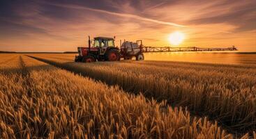 Agricultural tractor with sprayer working in a golden wheat field at sunset photo