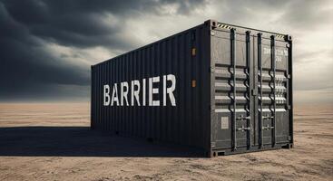 Solitary dark grey cargo container with BARRIER text in a vast desolate desert under stormy sky photo