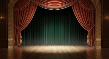 Empty classic theater stage with red velvet curtains and illuminated wooden floor photo