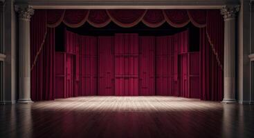 Empty grand concert hall stage with red velvet curtains and polished wooden floor photo