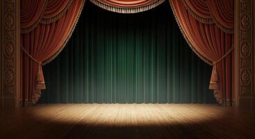Empty Theater Stage with Red Velvet Curtains and Spotlight Ready for a Performance photo